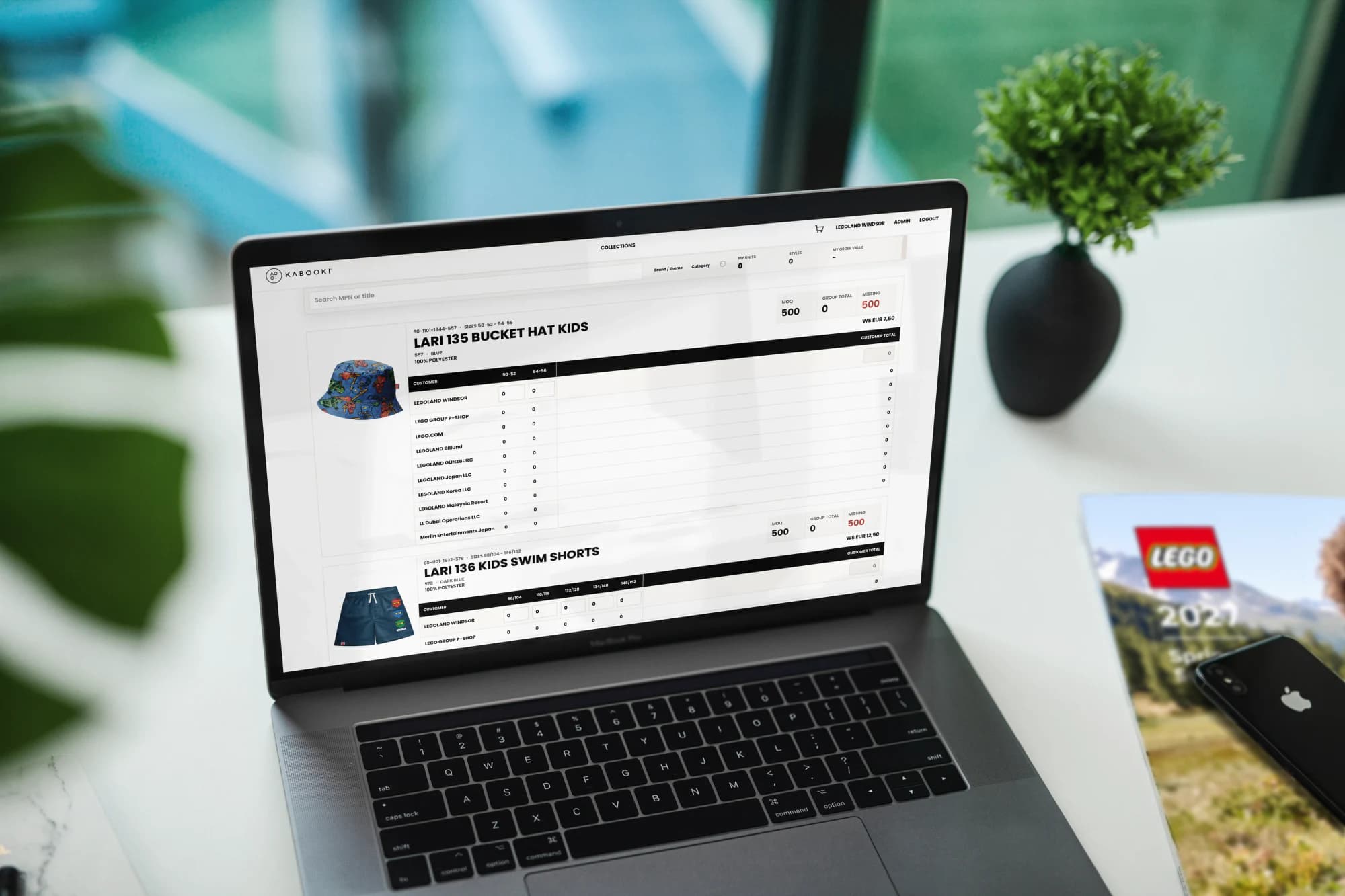 LEGOLAND Preorder Shop size-level forecasting and ordering overview shown on a laptop