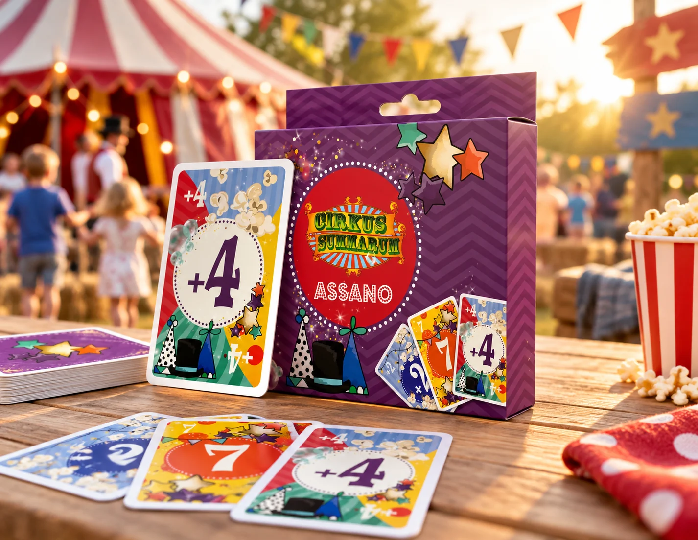ASSANO-spillekortpakken på bordet ved Cirkus Summarum