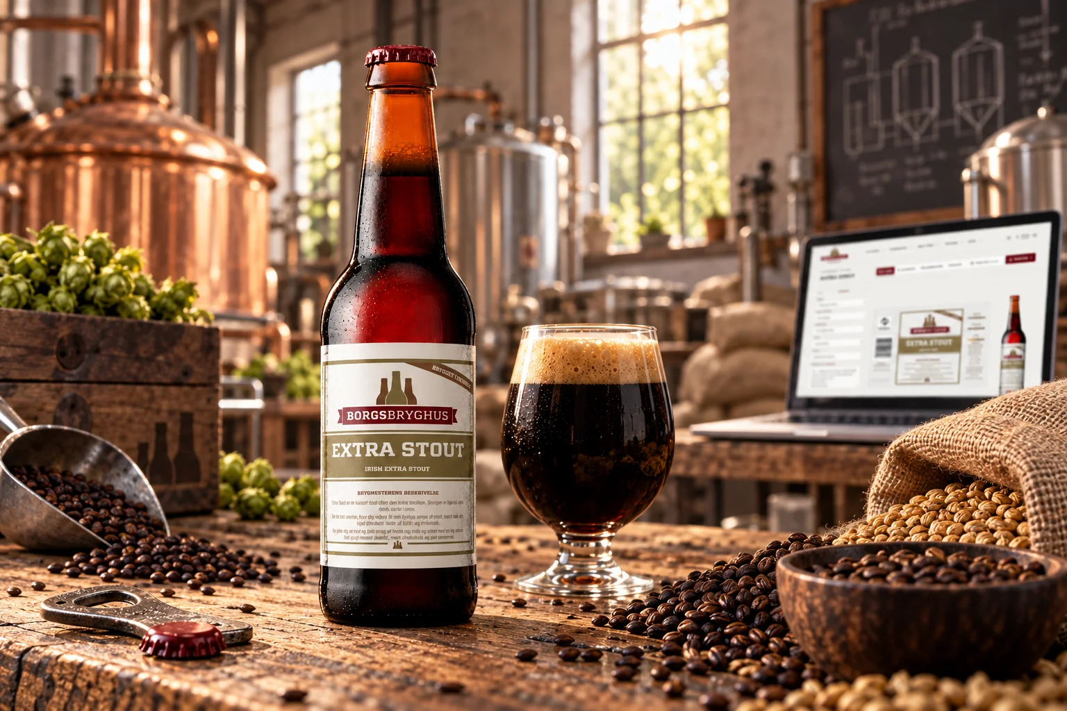 Etiketdesigneren med Extra Stout-etiket på en skærm